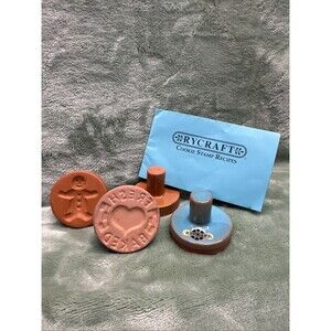4 VTG Rycraft Cookie Stamps & Recipe Book Terra Cotta Gingerbread Heart & Flower